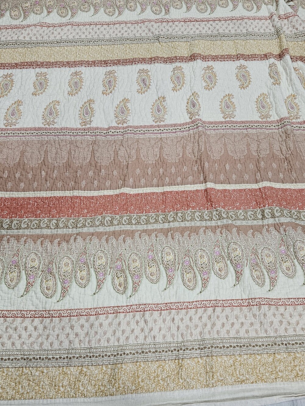Soft Surroundings Paisley Stripe QUEEN Muslin Quilt Oatmeal Pink Mustard Muted